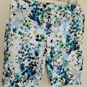 Coldwater Creek Blue/Green Floral Bermuda Shorts Summer Pockets Womens 16